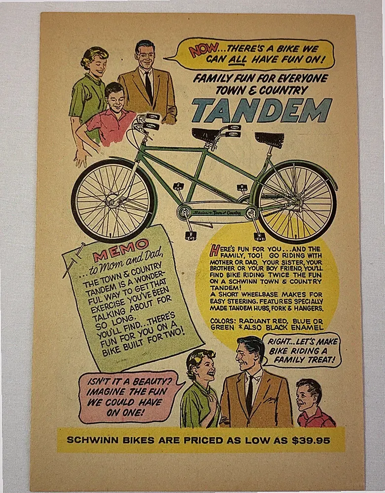 1959 Schwinn bicycle cartoon ad page ~ TANDEM Town & Country