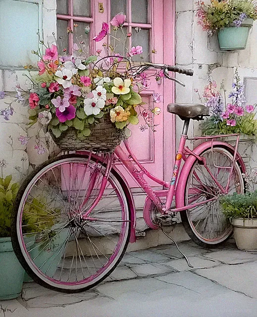 8x10 Cozy Storybook Pink Bicycle with Flowers in Basket Art Print - 912117412