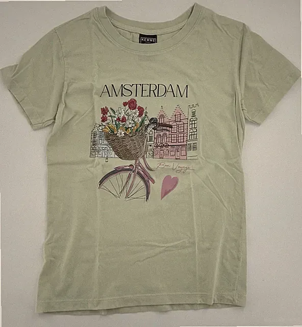 Amsterdam Graphic Print T-Shirt Bicycle Flowers Green Souvenir Tee 100% Cotton M