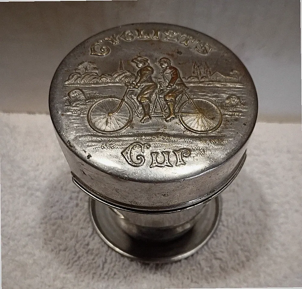 Bike bicycle cyclists early folding drinking cup embossed tandem metal