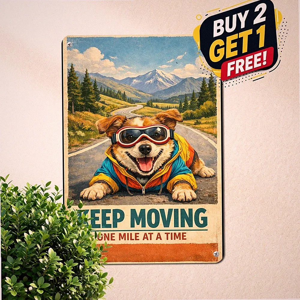 Cycling Dog On Country Road Landscape Funny Puppy Bicycle Metal Tin Sign 8x12