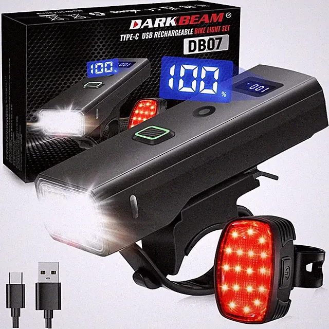 DARKBEAM Bike Lights for Night Riding, white headlight, red light taillight