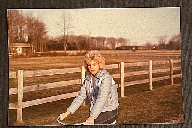 FOUND VINTAGE PHOTO PICTURE Woman Riding A Bicycle ￼Out In The Country￼