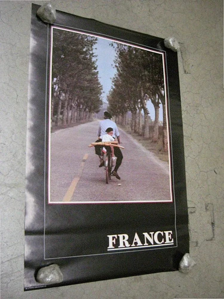 France Country Road man and boy on bicycle Poster Vintage 1970's scene C1488