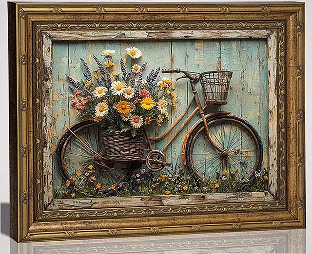 Gold Framed Rustic Farmhouse Daisy Floral Wall Art Vintage Bicycle Flower Pai...