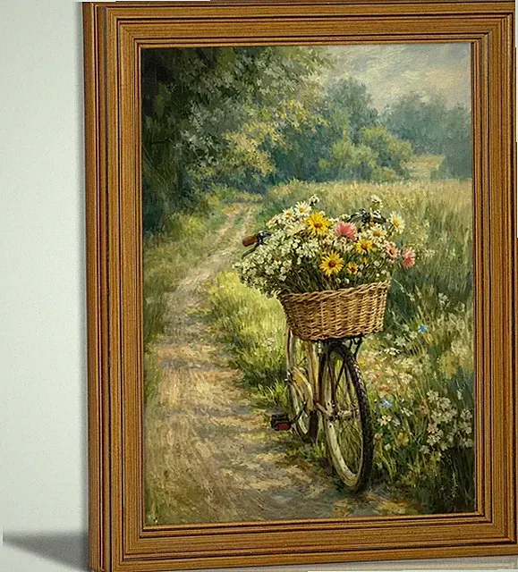 Gold Framed Vintage Bicycle With Flowers Canvas Wall Art Country Forest Path...