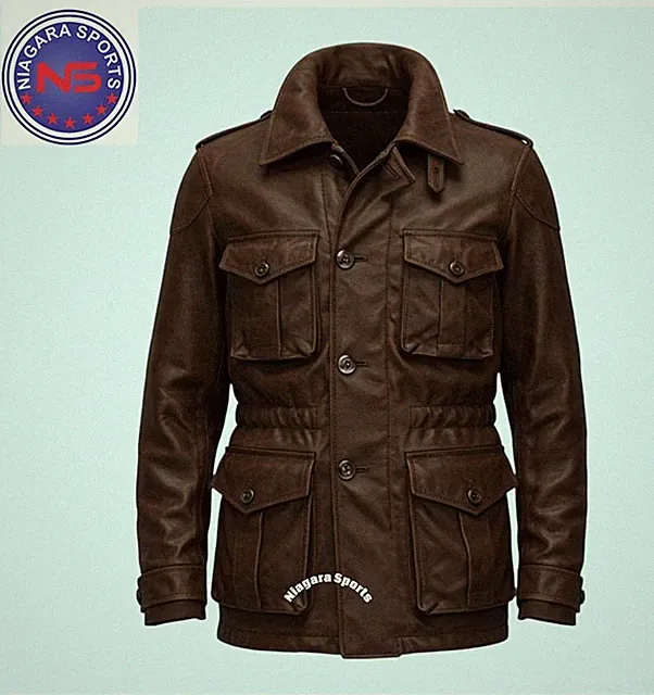 Handmade Cowhide Leather Field Jacket: Brown Military Style Coat