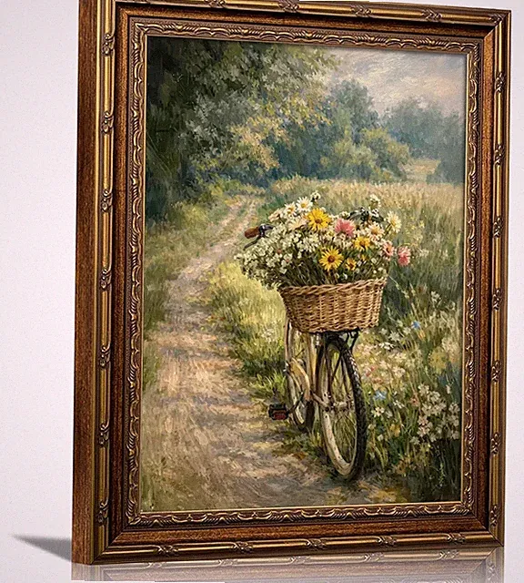MYSCHRDS Vintage Bicycle Floral Framed Canvas Wall Art, Gold Ornate Frame Dai...