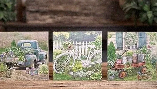 NEW FARMHOUSE VINTAGE GARDEN BLOCK SIGNS 3PC 6.5" Sq Truck Bicycle Wagon Cottage
