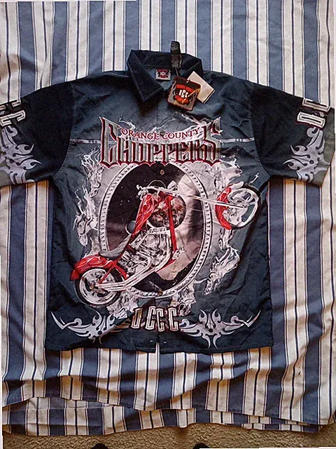 NEW Vintage Large ORANGE COUNTY CHOPPERS Shirt Polyester BLACK MOTORCYCLES NWT