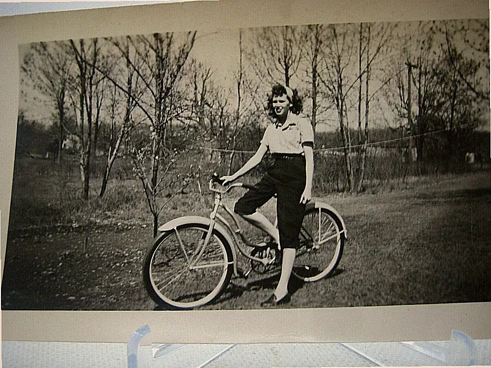 OP406 ORIGINAL found photo 1930s/40s young woman on bicycle country woods road