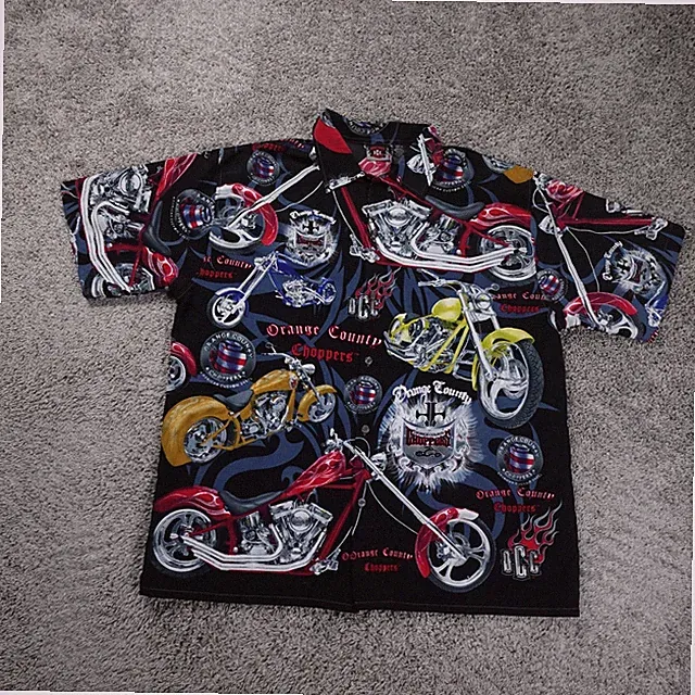 Orange County Choppers Shirt Mens Exrta Large 2004 Black Flames Motorcycles AOP