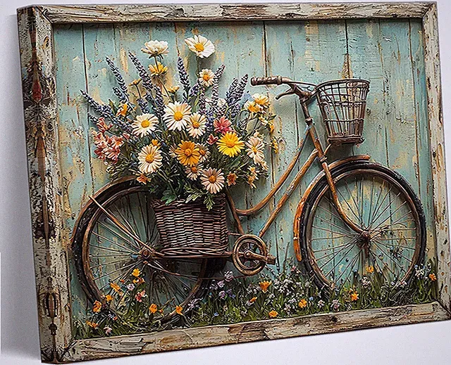 Rustic Farmhouse Daisy Floral Canvas Wall art Vintage Bicycle Flower Poster A...