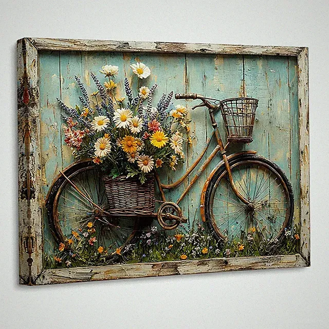 Rustic Farmhouse Flower Canvas Wall Art, Vintage Bicycle Flower Wrapped Canva...