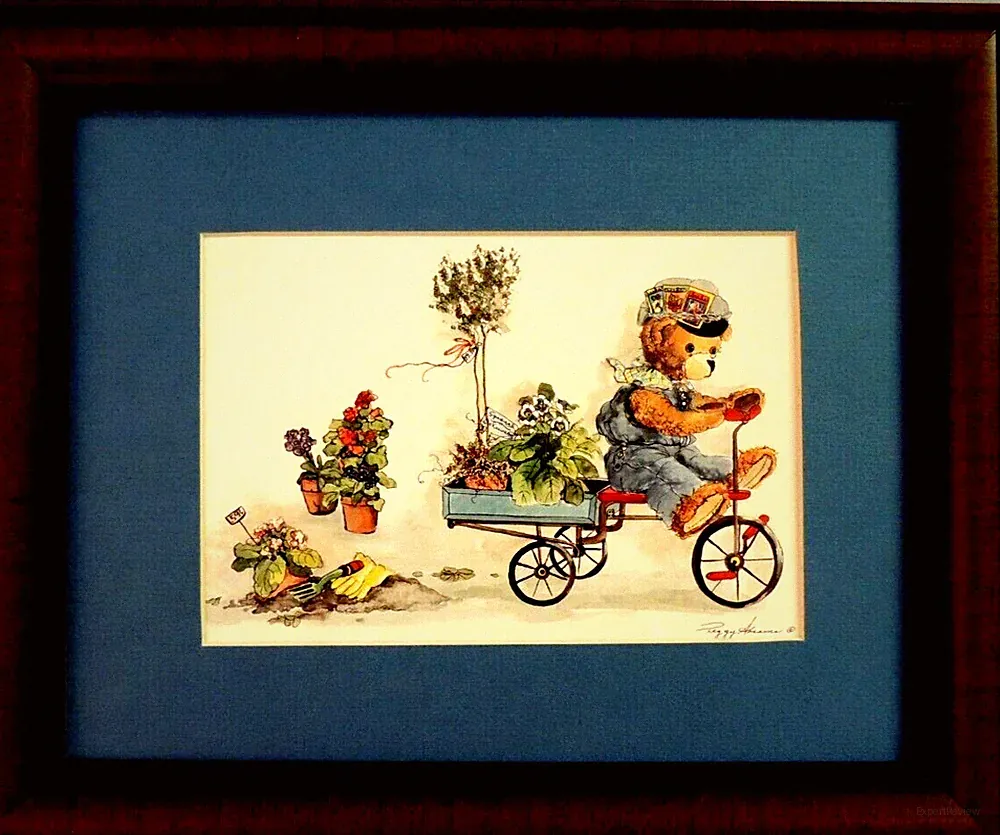 TEDDY BEAR ON BICYCLE COUNTRY PICTURE FLOWERS PEGGY ABRAMS FRAMED 8X10