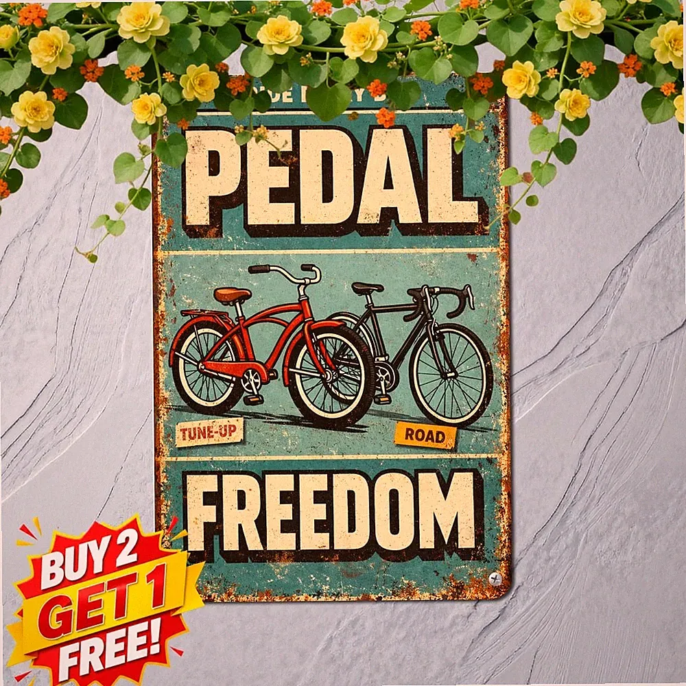 Vintage Bicycle Basket Flowers Country Lane Landscape Art Metal Sign 8x12
