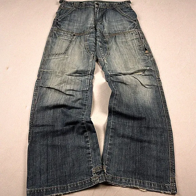 Vintage Cargo Jeans Wide Leg Faded Wash Baggy Denim Y2K Workwear Style Pants