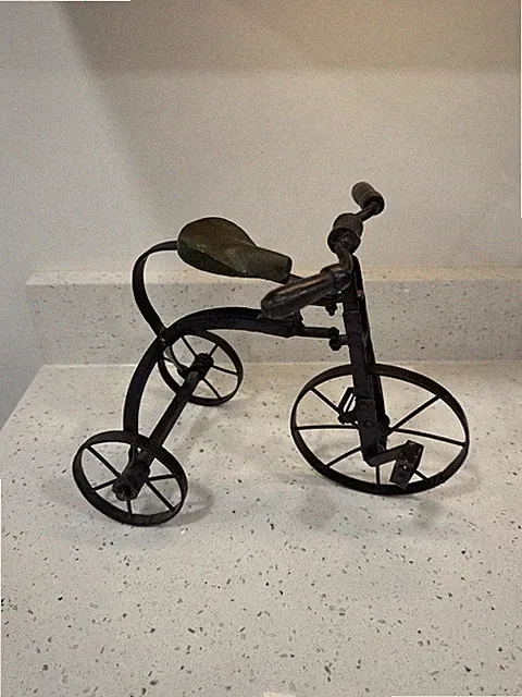 Vintage Collectible Rustic Handcrafted Wrought Iron Tricycle, with wood seat