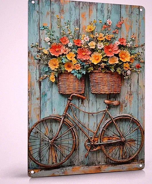 Vintage Floral Bicycle Metal Sign Rustic Farmhouse Daisy Floral Wildflowers Tin