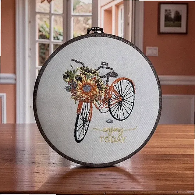 Vintage Hand-Embroidered Hoop-Framed Art Bicycle with Flowers Boho Country Chic