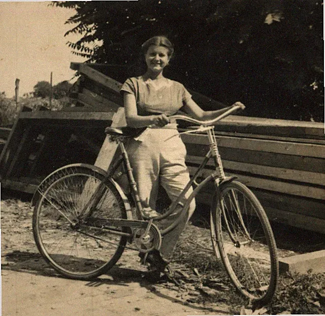 Vintage Photo Smiling Young Woman with Bicycle Retro Bike Countryside Life 1950s