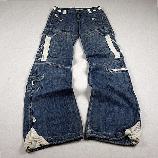 Vintage Y2K Multi Pocket Cargo Denim Jeans Techwear Wide Leg Utility Pants