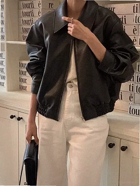 Women's Double Zipper Baseball Bomber Leather Jacket Coat Black Pure Lambskin-21
