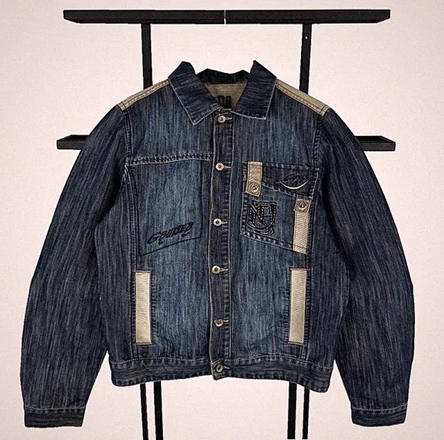 Y2K Cruiser Denim Jacket Embroidered Back Logo Distressed Blue Trucker Style